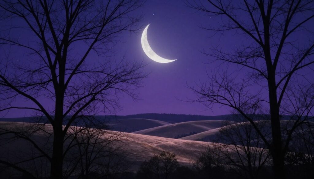 A vivid depiction of the First Quarter moon phase in a night sky filled with deep indigo and violet hues, capturing the moon in its bright sliver, illuminating a serene landscape below. In the foreground, silhouettes of bare trees frame the scene, their branches reaching towards the moon as if in contemplation. The middle ground features rolling hills bathed in a soft, ethereal glow, suggesting a sense of hope and action. In the background, a star-studded sky sparkles, enhancing the mystical ambiance. The lighting is soft yet clear, emphasizing the moon's sharp crescent shape, while a high-angle shot captures both the moon and the tranquil earth below. The overall mood is one of inspiration and encouragement, reflecting a time for decision-making and initiative. A vivid depiction of the First Quarter moon phase in a night sky filled with deep indigo and violet hues, capturing the moon in its bright sliver, illuminating a serene landscape below. In the foreground, silhouettes of bare trees frame the scene, their branches reaching towards the moon as if in contemplation. The middle ground features rolling hills bathed in a soft, ethereal glow, suggesting a sense of hope and action. In the background, a star-studded sky sparkles, enhancing the mystical ambiance. The lighting is soft yet clear, emphasizing the moon's sharp crescent shape, while a high-angle shot captures both the moon and the tranquil earth below. The overall mood is one of inspiration and encouragement, reflecting a time for decision-making and initiative.