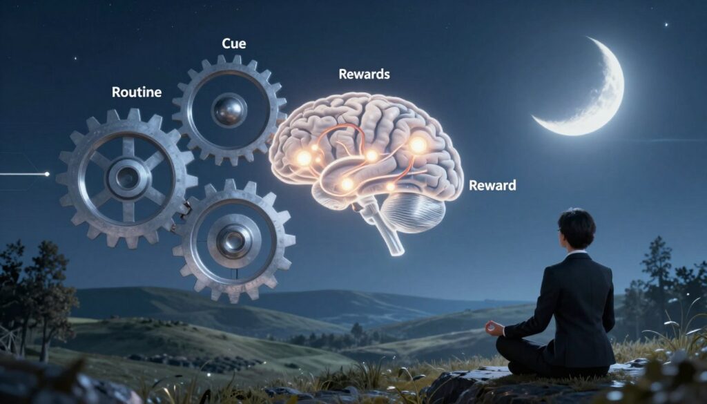 A vivid illustration of the habit formation process, featuring a series of interconnected gears representing various stages: cue, routine, and reward. In the foreground, a person dressed in professional business attire meditates, symbolizing introspection during the new moon phase. The middle section highlights a diagram of brain pathways lighting up as new habits develop, with soft, glowing orbs depicting positive reinforcement. In the background, a serene night sky with a crescent new moon casts a calming light over a landscape of rolling hills and trees. The atmosphere should evoke a sense of tranquility and focus, with cool blue and silver hues dominating the color palette, illuminated by gentle, ethereal lighting that emphasizes clarity and growth. Use a wide-angle lens perspective to create depth and engagement in the scene.