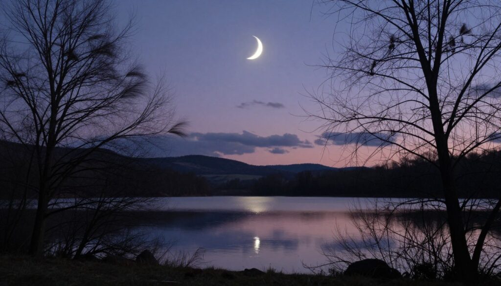 A waning crescent moon hangs low in a twilight sky, casting a soft, silvery glow over a tranquil landscape. In the foreground, delicate silhouettes of bare trees frame the scene, their branches gently swaying in a light breeze, symbolizing release and transition. The middle ground features a calm, reflective lake that mirrors the moon's luminous crescent, enhancing the serene atmosphere. In the background, soft hills roll under a dusky lavender and deep blue sky, dotted with wisps of clouds that evoke a sense of closure. Gentle shadows and soft lighting contribute to a moody, contemplative feeling, inviting viewers to reflect on the themes of letting go and endings. The scene unfolds in a wide-angle perspective, creating an immersive and introspective experience. A waning crescent moon hangs low in a twilight sky, casting a soft, silvery glow over a tranquil landscape. In the foreground, delicate silhouettes of bare trees frame the scene, their branches gently swaying in a light breeze, symbolizing release and transition. The middle ground features a calm, reflective lake that mirrors the moon's luminous crescent, enhancing the serene atmosphere. In the background, soft hills roll under a dusky lavender and deep blue sky, dotted with wisps of clouds that evoke a sense of closure. Gentle shadows and soft lighting contribute to a moody, contemplative feeling, inviting viewers to reflect on the themes of letting go and endings. The scene unfolds in a wide-angle perspective, creating an immersive and introspective experience.