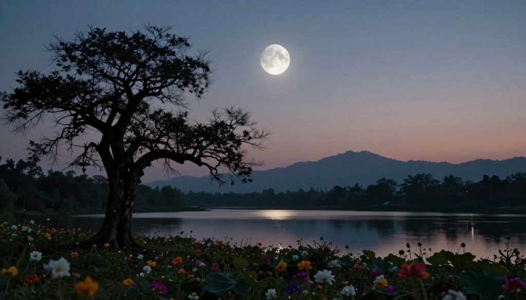 A waning moon gracefully hangs low in a twilight sky, its crescent shape illuminated by soft silver light. In the foreground, a serene silhouette of an ancient tree with gnarled branches reaches towards the moon, symbolizing the passage of time and transformation. The middle ground features a tranquil body of water reflecting the moonlight, surrounded by lush foliage sprinkled with vibrant flowers, representing different cultures' reverence for nature's cycles. In the background, distant mountains rise against the fading twilight, adding depth and a sense of peace to the scene. The atmosphere is calm and contemplative, evoking feelings of introspection and connection to the cosmos. Use a soft focus lens to capture the ethereal quality of light and enhance the tranquil ambiance. A waning moon gracefully hangs low in a twilight sky, its crescent shape illuminated by soft silver light. In the foreground, a serene silhouette of an ancient tree with gnarled branches reaches towards the moon, symbolizing the passage of time and transformation. The middle ground features a tranquil body of water reflecting the moonlight, surrounded by lush foliage sprinkled with vibrant flowers, representing different cultures' reverence for nature's cycles. In the background, distant mountains rise against the fading twilight, adding depth and a sense of peace to the scene. The atmosphere is calm and contemplative, evoking feelings of introspection and connection to the cosmos. Use a soft focus lens to capture the ethereal quality of light and enhance the tranquil ambiance.