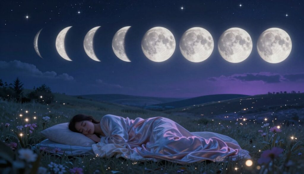 An artistic representation of lunar cycles influencing sleep patterns, featuring a surreal night sky filled with various lunar phases from new moon to full moon in the foreground. Beneath the moons, a calm landscape showcases a peaceful sleeping figure draped in soft, silky bedding, surrounded by dreamlike elements such as floating clouds and twinkling stars. In the middle ground, integrate gentle rolling hills that reflect moonlight, and delicate flowers that seem to emit a soft glow. The background should transition into a deep blue twilight with hints of violet, enhancing the tranquil mood. Use soft, ambient lighting to create a serene atmosphere, while capturing the essence of nighttime. The angle should be slightly elevated, providing a dreamy perspective, perfect for illustrating the profound connection between lunar cycles and sleep.