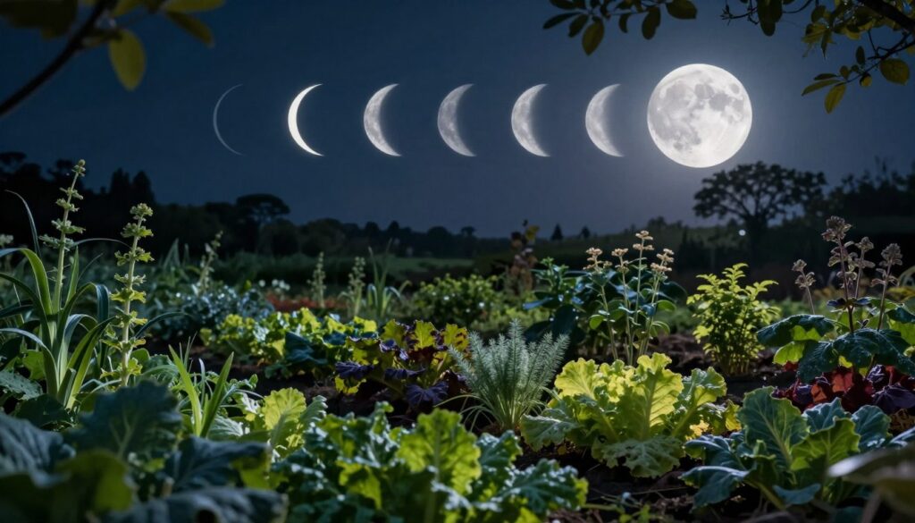 An enchanting depiction of the lunar cycle in relation to plant growth, featuring a vivid foreground of lush, vibrant plants with varying shapes and textures, including leafy vegetables and herbs. The middle ground showcases a tranquil garden scene under a beautifully detailed night sky, where the moon transitions through its phases—from a thin crescent to a full moon—casting a gentle, silvery glow on the plants below. In the background, silhouettes of distant trees frame the scene, adding depth. Soft, dappled moonlight filters through the branches, creating a magical atmosphere that suggests growth and harmony. The scene is lit by gentle night lighting, with a focus on the interplay of light and shadow. The overall mood is serene and contemplative, ideal for illustrating the relationship between lunar cycles and biodiversity in farming.