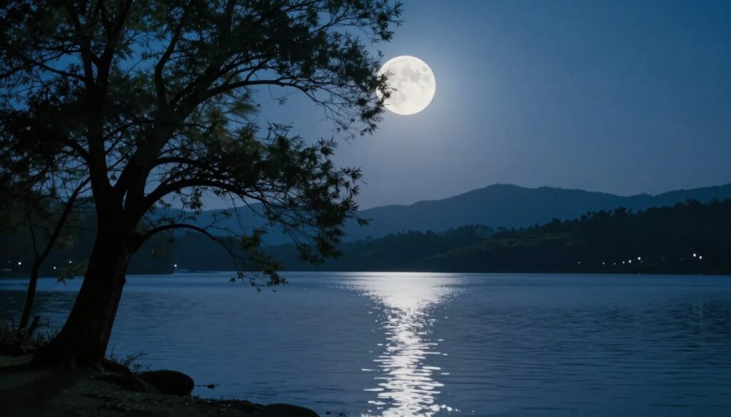 An enchanting scene of a full moon illuminating a serene landscape at night, casting a soft, ethereal glow on a calm lake. In the foreground, a silhouette of a majestic tree with sprawling branches, its leaves gently swaying in the night breeze. In the middle ground, the glassy surface of the lake reflects the luminous full moon, creating ripples that dance across the water. The background features softly rolling hills under a clear star-filled sky, enhancing the feeling of tranquility. The atmosphere is filled with a sense of peaceful energy and introspection, inviting viewers to connect with their emotions. Use soft, diffused lighting to highlight the moon's radiance while maintaining a deep blue and silver color palette to evoke a mystical ambiance. An enchanting scene of a full moon illuminating a serene landscape at night, casting a soft, ethereal glow on a calm lake. In the foreground, a silhouette of a majestic tree with sprawling branches, its leaves gently swaying in the night breeze. In the middle ground, the glassy surface of the lake reflects the luminous full moon, creating ripples that dance across the water. The background features softly rolling hills under a clear star-filled sky, enhancing the feeling of tranquility. The atmosphere is filled with a sense of peaceful energy and introspection, inviting viewers to connect with their emotions. Use soft, diffused lighting to highlight the moon's radiance while maintaining a deep blue and silver color palette to evoke a mystical ambiance.