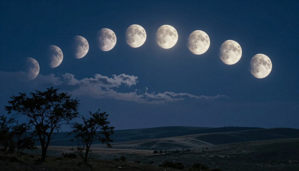 In a serene night landscape, depict the eight moon phases transitioning across a deep blue sky, each phase positioned along a gentle arc from left to right. Foreground elements include delicate silhouettes of trees, their branches softly swaying. In the middle ground, subtle clouds drift, allowing glimpses of the luminous moons to shine through, illuminating gentle shadows on the ground. The background features rolling hills that gradually fade into a star-studded horizon. Use soft lighting to evoke a tranquil atmosphere, with a gentle glow from the full moon that hints at various emotions: calmness, introspection, joy, and melancholy represented subtly through variations in the moon’s brightness. Capture this serene moment using a wide-angle lens to emphasize the vastness of the night sky and the moon's gentle influence on the earth below.