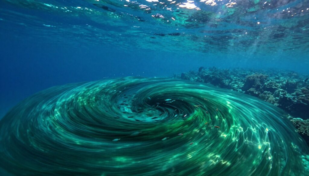 Vividly illustrate the dynamic movement of ocean currents in a captivating underwater scene. In the foreground, depict swirling patterns of rich blues and greens, highlighting the powerful flow of water. Small schools of fish can be seen darting through the currents, showcasing the life that thrives in this environment. In the middle ground, the sunlight filters through the surface, creating shimmering reflections that dance on the ocean floor. The background should feature a faint silhouette of distant coral reefs, adding depth and complexity to the aquatic setting. Use a wide-angle lens effect to emphasize the expansiveness of the ocean. The atmosphere should evoke a sense of tranquility mixed with the vibrant energy of the sea, capturing the intricate and essential nature of ocean currents.